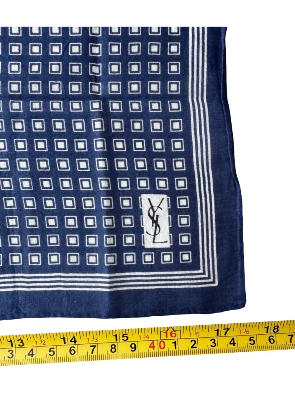Vintage Yves Saint Laurent Handkerchief Navy Geometric Pocket Square Scarf 17.5